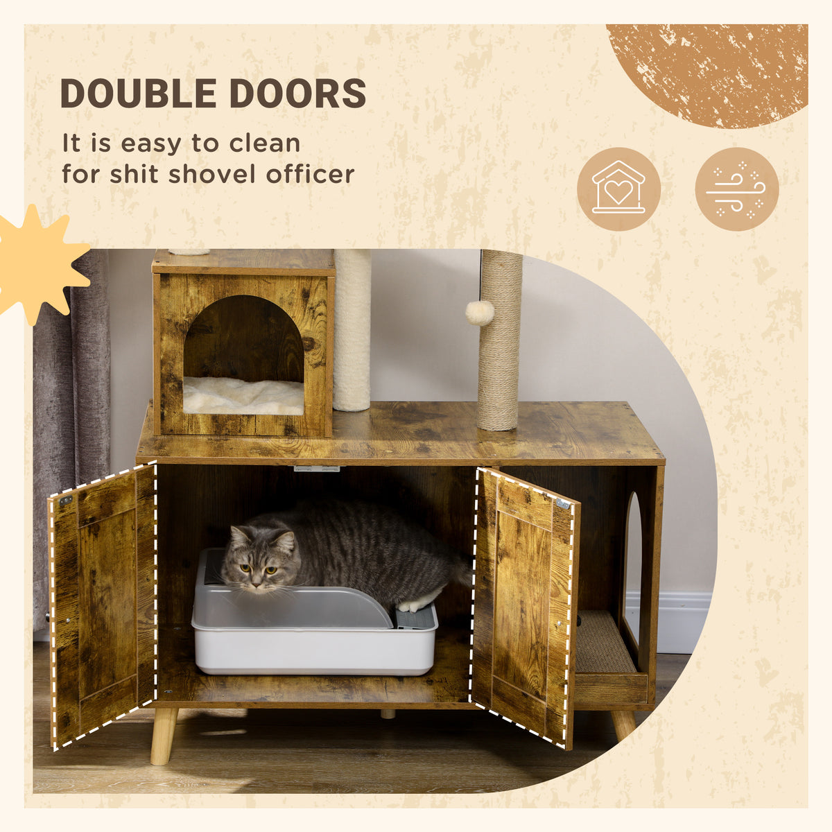 Litter Box Enclosure with Cat Tree Tower - Rustic Brown-Cats-DECOROLALA