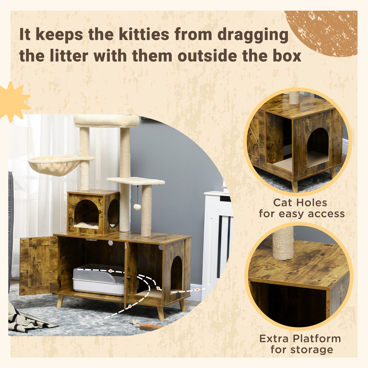 Litter Box Enclosure with Cat Tree Tower - Rustic Brown-Cats-DECOROLALA