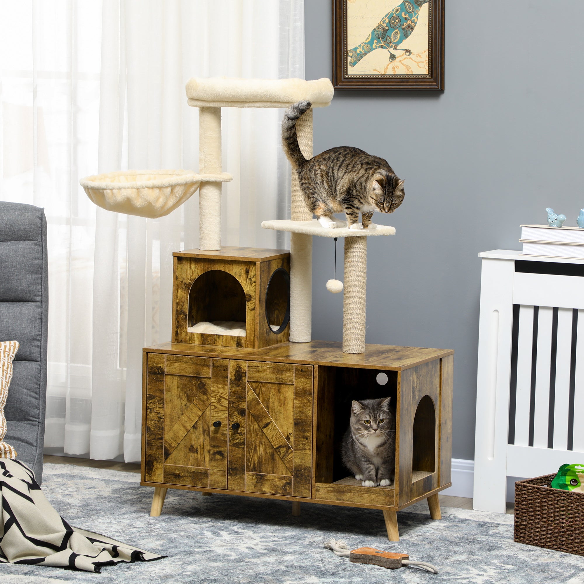 Litter Box Enclosure with Cat Tree Tower - Rustic Brown-Cats-DECOROLALA