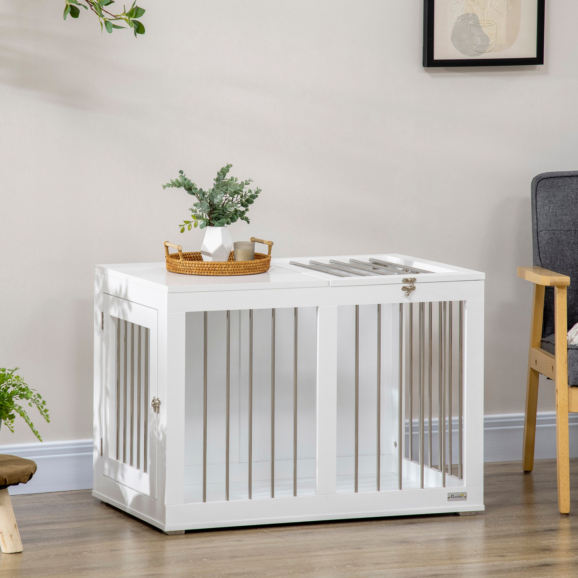 Meuble-cage pour chien de 31.5" avec deux portes, pour chiens de taille moyenne, blanc