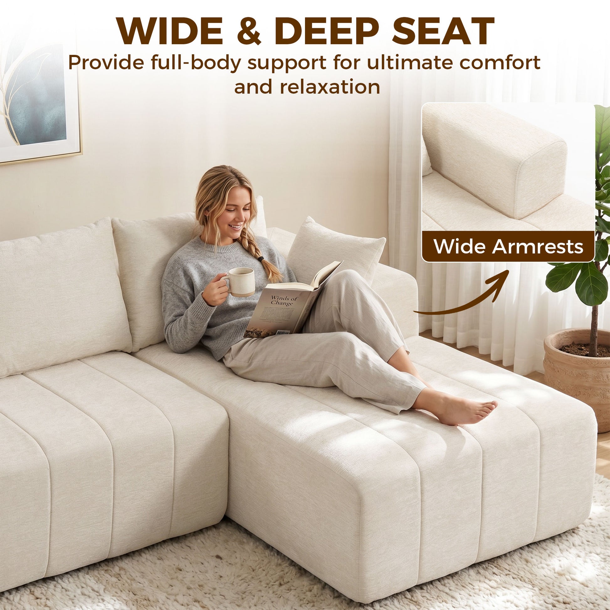 101" Modular Sectional Sofa with Chaise, Chenille Boneless Cloud Sofa Bed, 3 Seater L-Shaped Couch, No Assembly, Beige-Home Furnishings > Living Room Furniture > Sofas & Reclining Chairs > L Shaped Couchs-DECOROLALA
