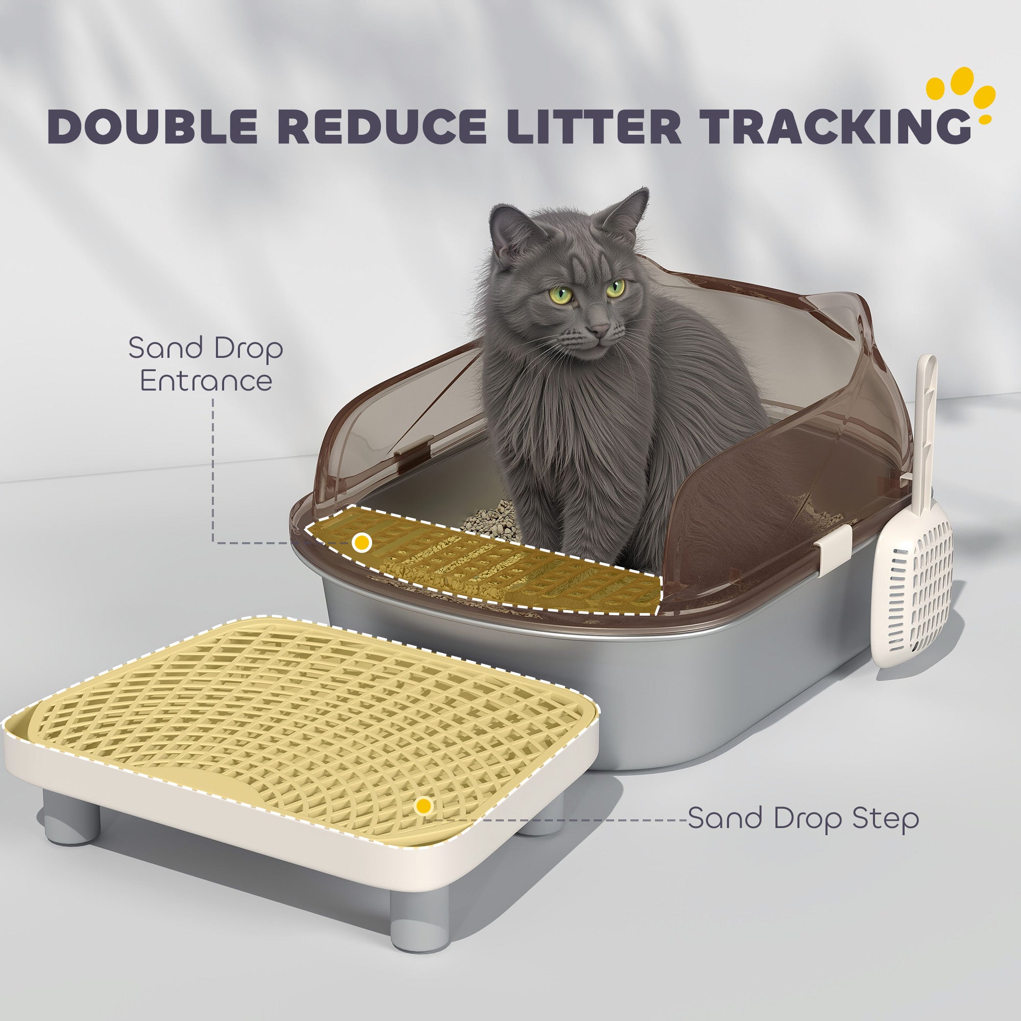 Stainless Steel Cat Litter Box with High Sided Enclosure, Step, Scoop, Non-Sticky & Anti-Urine Leakage, Easy Cleaning