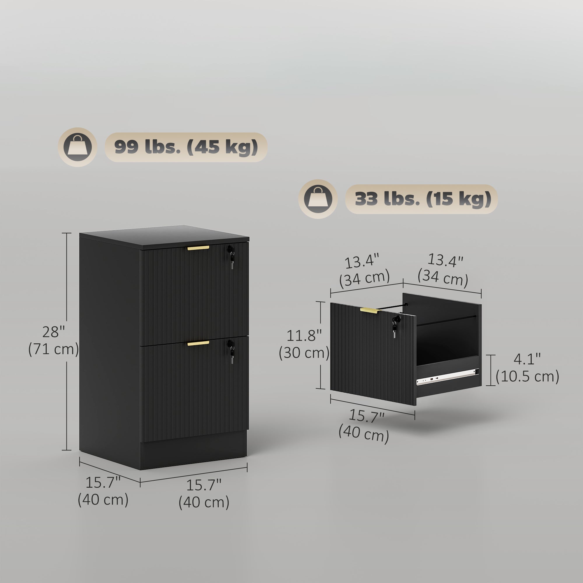 Lockable 2-Drawer Filing Cabinet - Black Fluted MDF-Office Products > Office Furniture > Office Cabinets & Cupboards-DECOROLALA
