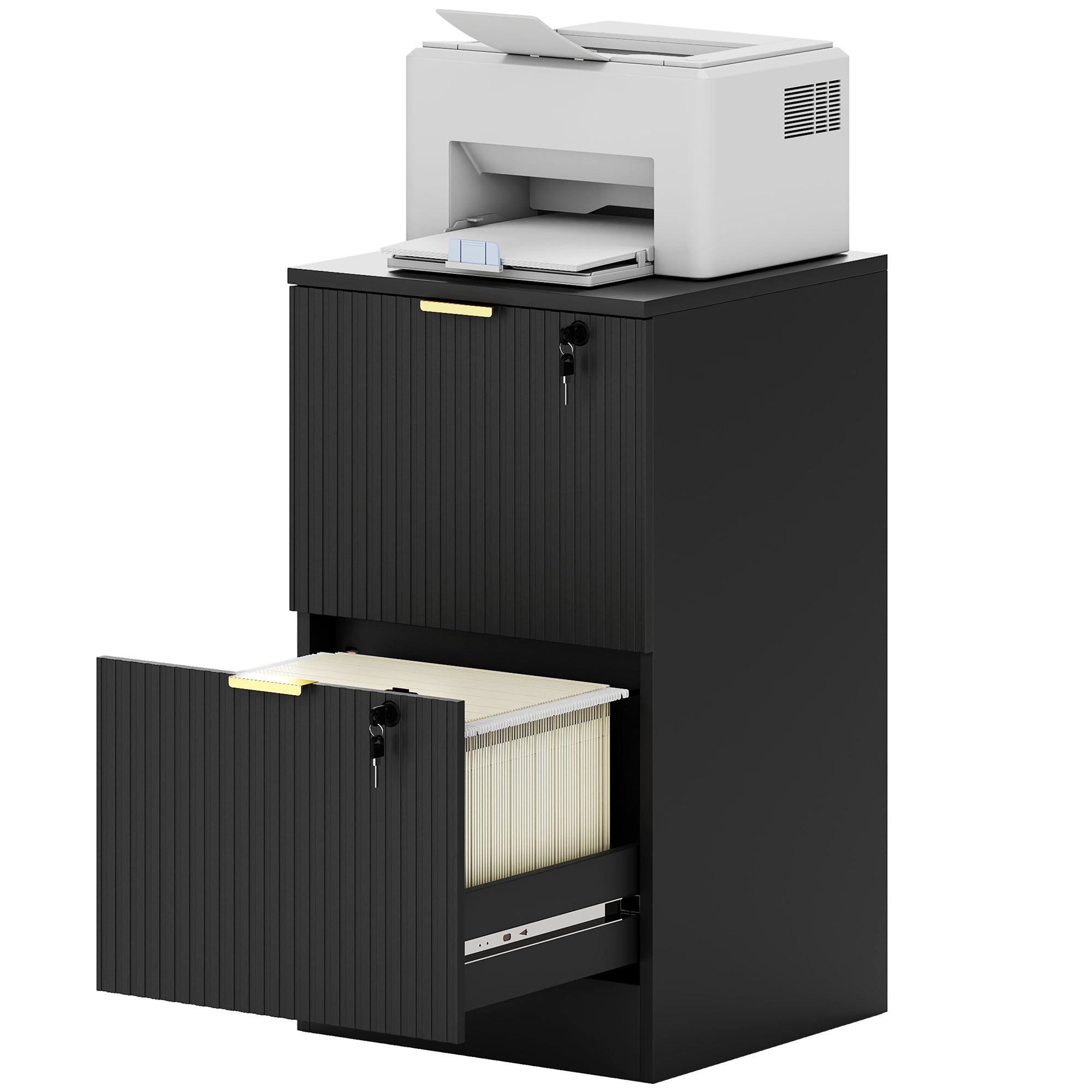 Lockable 2-Drawer Filing Cabinet - Black Fluted MDF-Office Products > Office Furniture > Office Cabinets & Cupboards-DECOROLALA