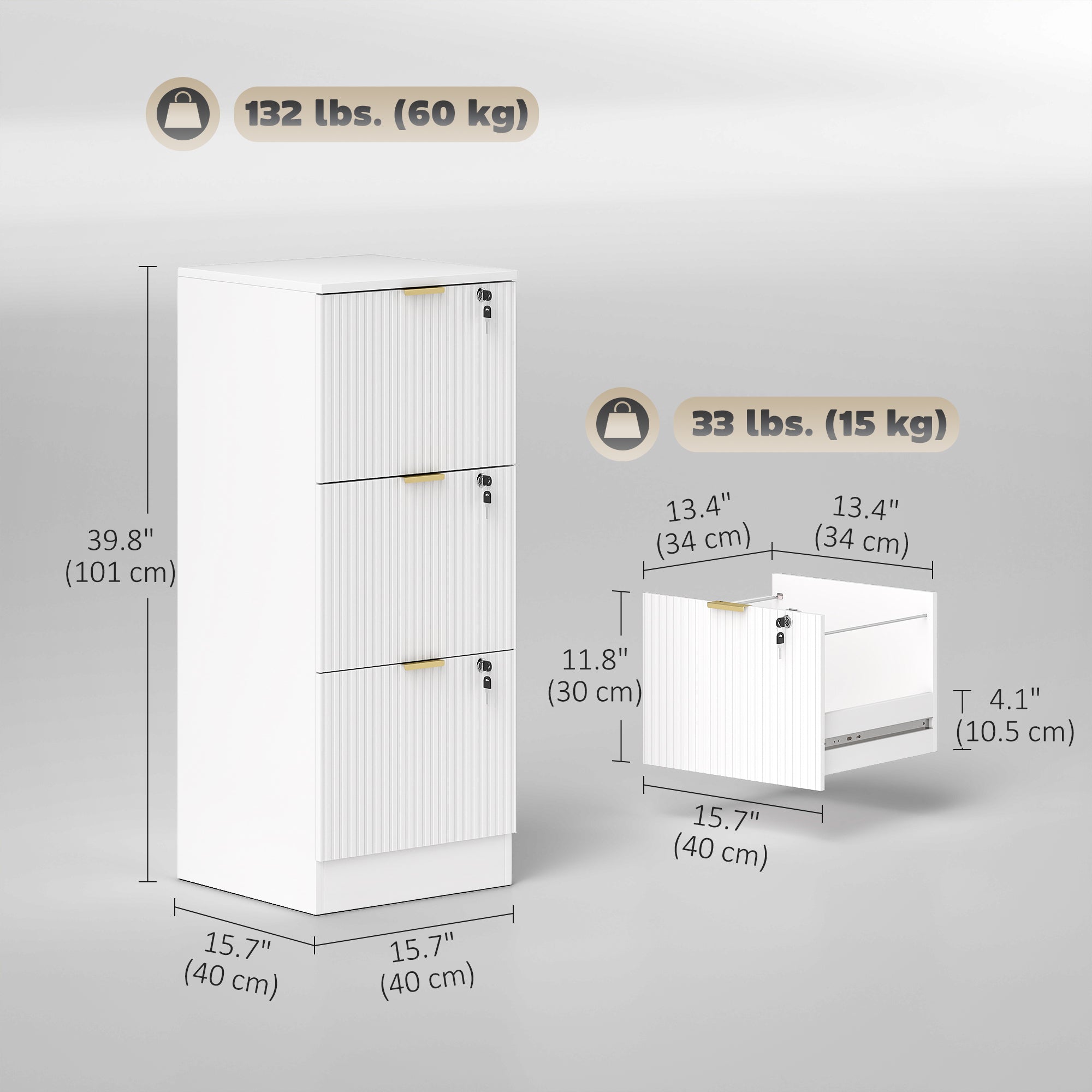 Lockable 3-Drawer Filing Cabinet - White MDF 40" H-Office Products > Office Furniture > Office Cabinets & Cupboards-DECOROLALA
