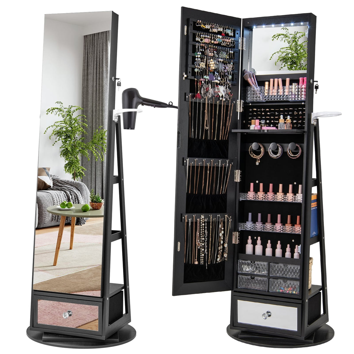 Lockable 360° Swivel Jewelry Cabinet with Full-Length Mirror LED Lights-Black-Jewelry Armoires-DECOROLALA