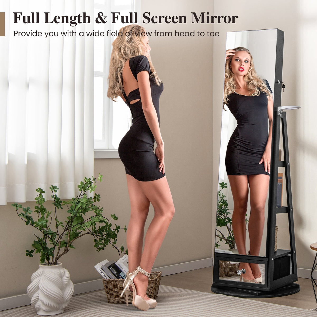 Lockable 360° Swivel Jewelry Cabinet with Full-Length Mirror LED Lights-Black-Jewelry Armoires-DECOROLALA