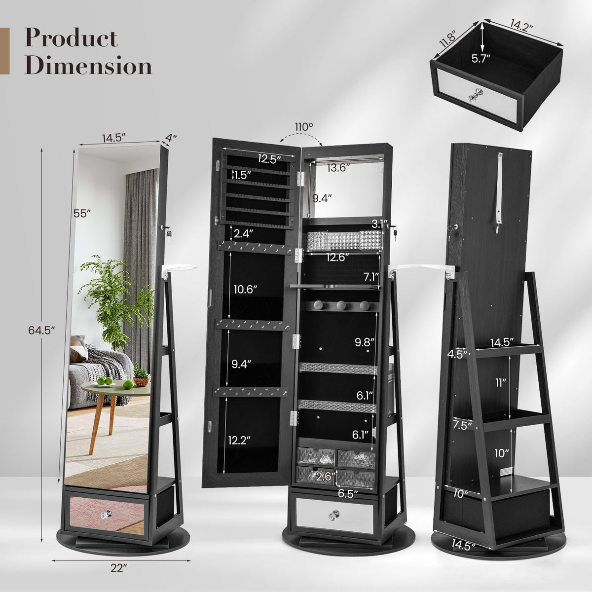 Lockable 360° Swivel Jewelry Cabinet with Full-Length Mirror LED Lights-Black-Jewelry Armoires-DECOROLALA