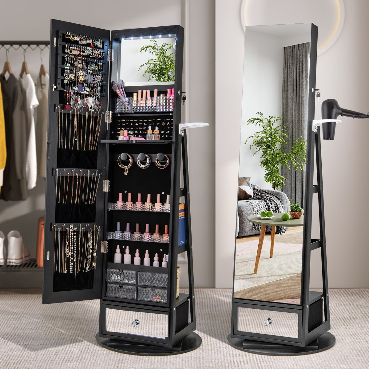 Lockable 360° Swivel Jewelry Cabinet with Full-Length Mirror LED Lights-Black-Jewelry Armoires-DECOROLALA