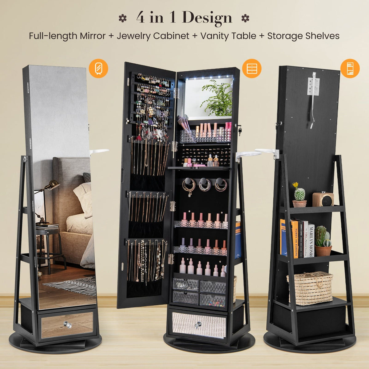 Lockable 360° Swivel Jewelry Cabinet with Full-Length Mirror LED Lights-Black-Jewelry Armoires-DECOROLALA
