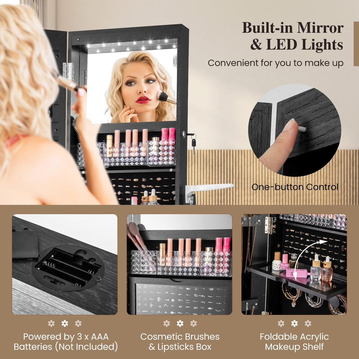 Lockable 360° Swivel Jewelry Cabinet with Full-Length Mirror LED Lights-Black-Jewelry Armoires-DECOROLALA