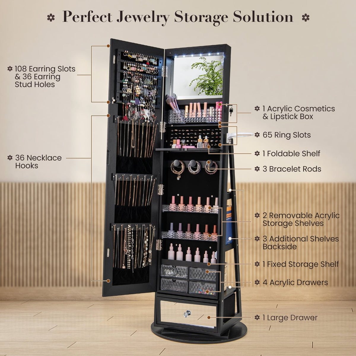 Lockable 360° Swivel Jewelry Cabinet with Full-Length Mirror LED Lights-Black-Jewelry Armoires-DECOROLALA
