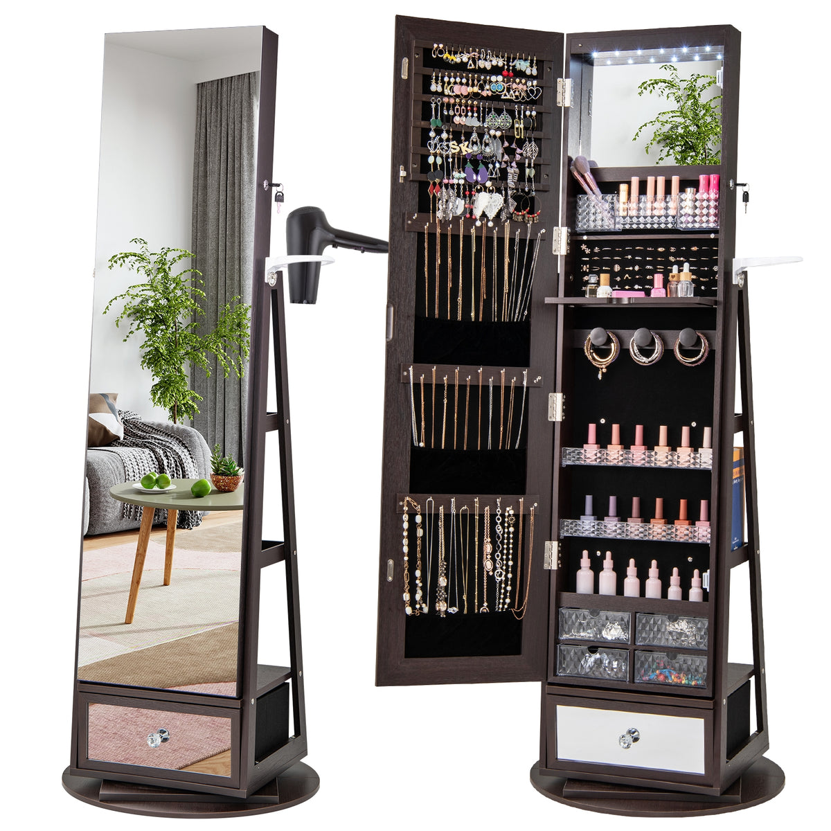 Lockable 360° Swivel Jewelry Cabinet with Full-Length Mirror LED Lights-Dark Brown-Jewelry Armoires-DECOROLALA