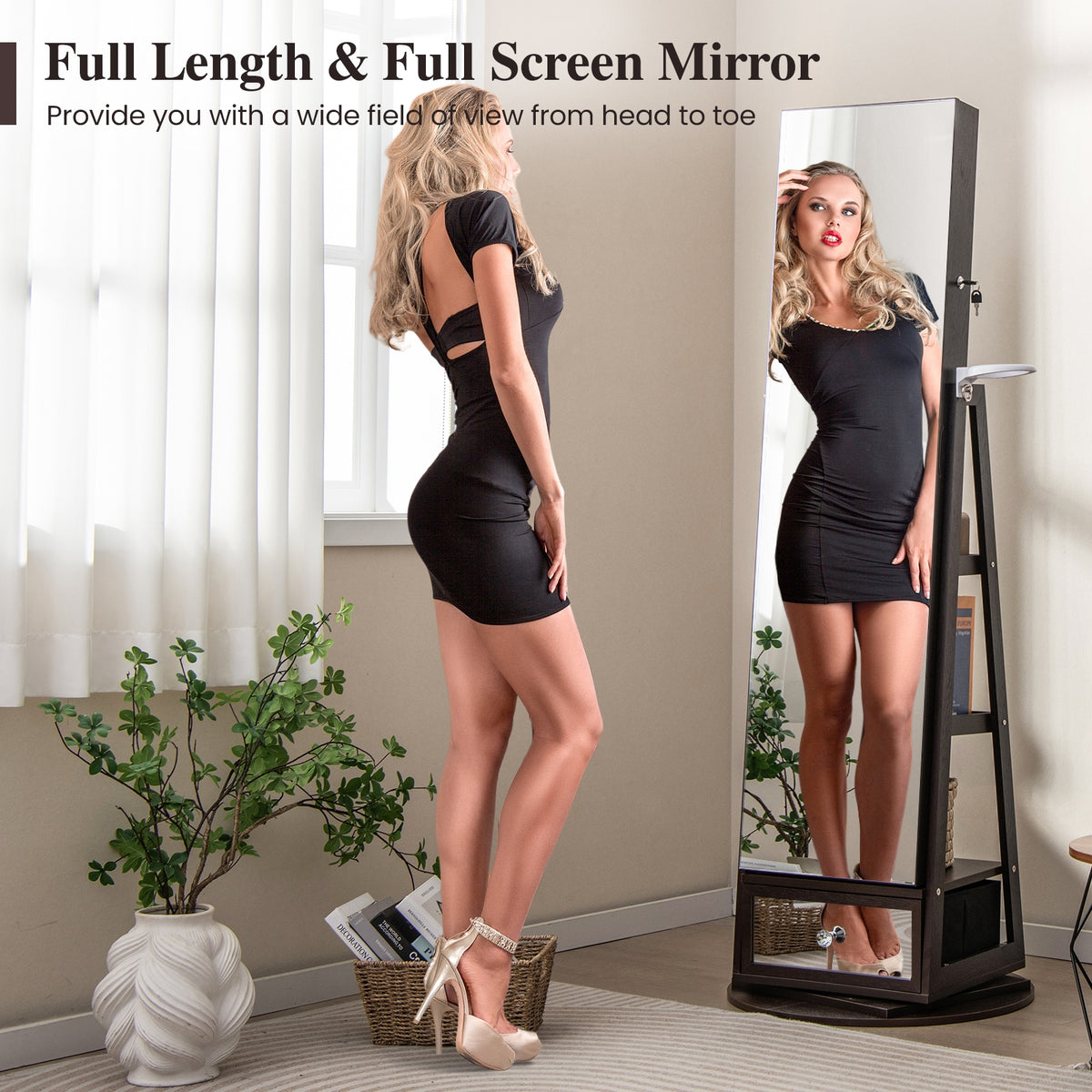 Lockable 360° Swivel Jewelry Cabinet with Full-Length Mirror LED Lights-Dark Brown-Jewelry Armoires-DECOROLALA