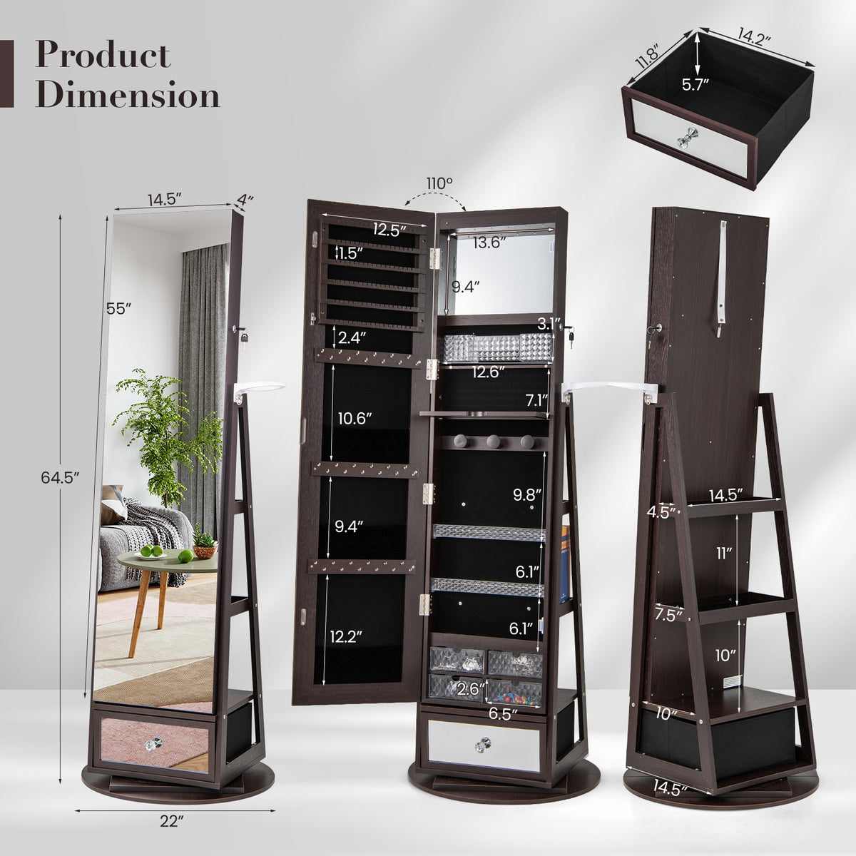 Lockable 360° Swivel Jewelry Cabinet with Full-Length Mirror LED Lights-Dark Brown-Jewelry Armoires-DECOROLALA
