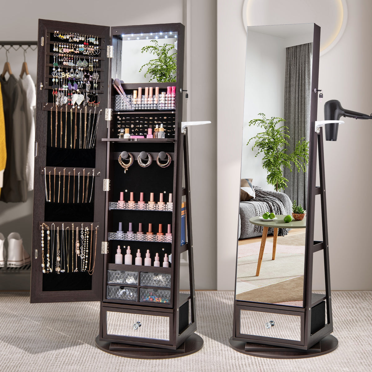 Lockable 360° Swivel Jewelry Cabinet with Full-Length Mirror LED Lights-Dark Brown-Jewelry Armoires-DECOROLALA