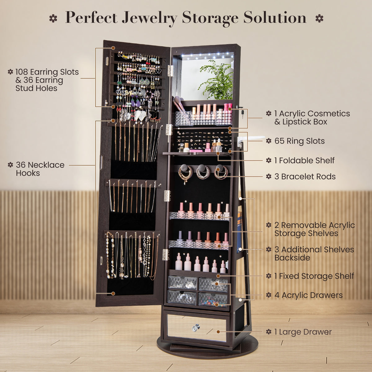 Lockable 360° Swivel Jewelry Cabinet with Full-Length Mirror LED Lights-Dark Brown-Jewelry Armoires-DECOROLALA
