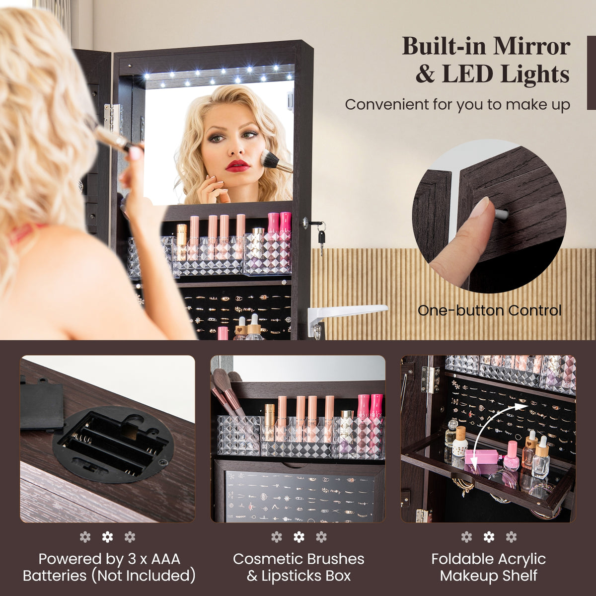 Lockable 360° Swivel Jewelry Cabinet with Full-Length Mirror LED Lights-Dark Brown-Jewelry Armoires-DECOROLALA