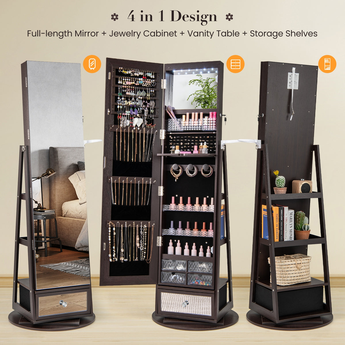 Lockable 360° Swivel Jewelry Cabinet with Full-Length Mirror LED Lights-Dark Brown-Jewelry Armoires-DECOROLALA