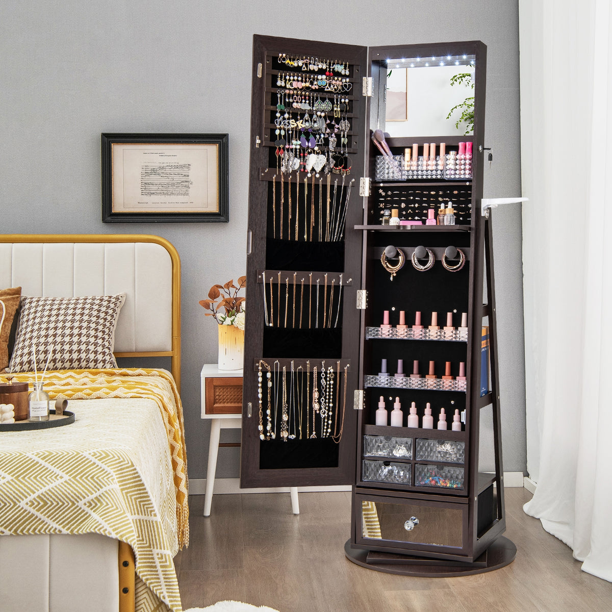 Lockable 360° Swivel Jewelry Cabinet with Full-Length Mirror LED Lights-Dark Brown-Jewelry Armoires-DECOROLALA
