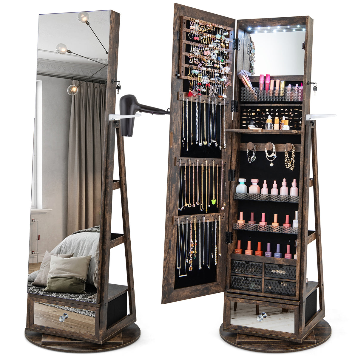 Lockable 360° Swivel Jewelry Cabinet with Full-Length Mirror LED Lights-Rustic Brown-Jewelry Armoires-DECOROLALA