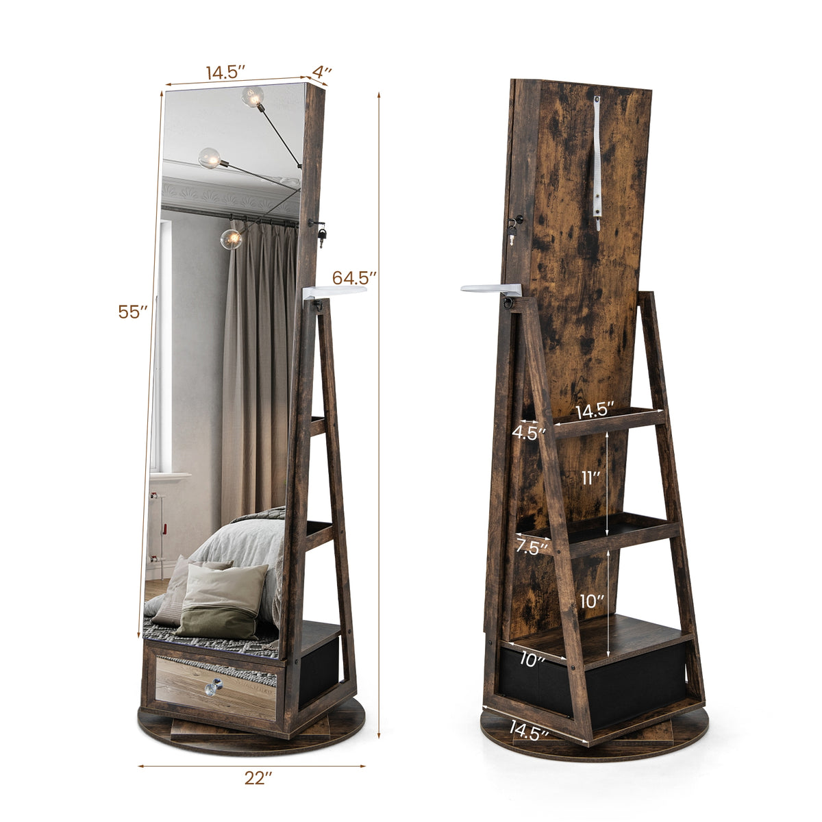 Lockable 360° Swivel Jewelry Cabinet with Full-Length Mirror LED Lights-Rustic Brown-Jewelry Armoires-DECOROLALA