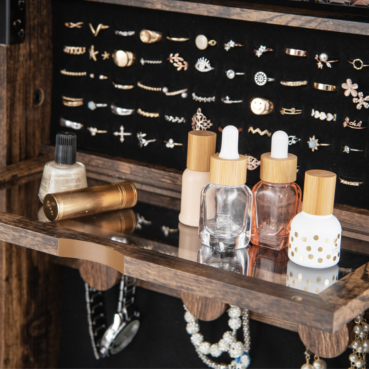 Lockable 360° Swivel Jewelry Cabinet with Full-Length Mirror LED Lights-Rustic Brown-Jewelry Armoires-DECOROLALA