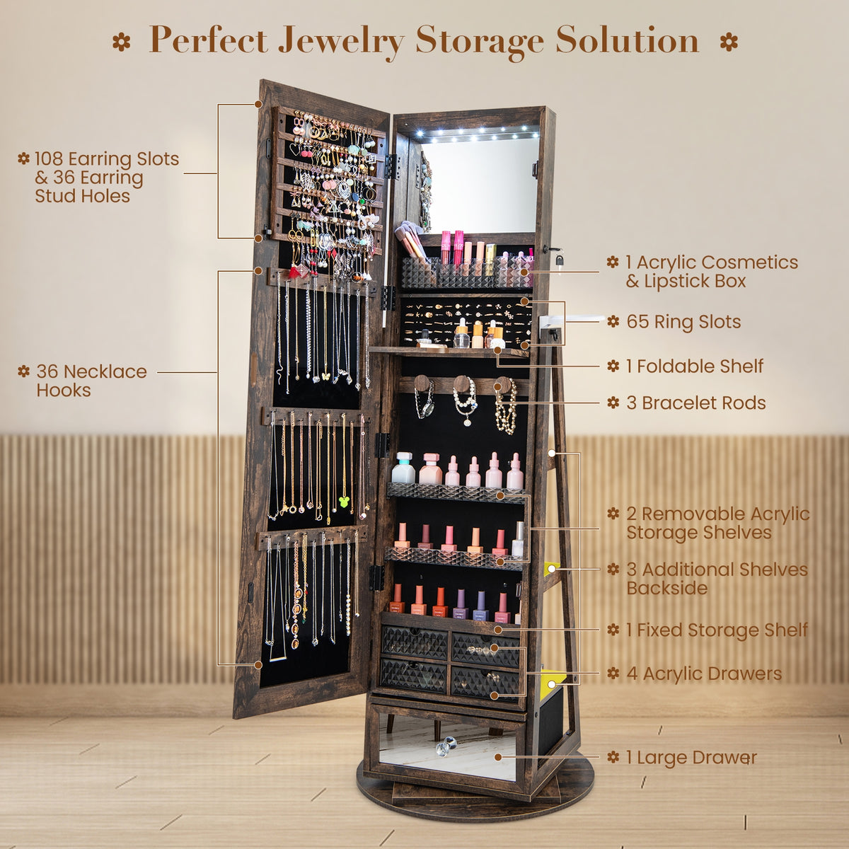 Lockable 360° Swivel Jewelry Cabinet with Full-Length Mirror LED Lights-Rustic Brown-Jewelry Armoires-DECOROLALA