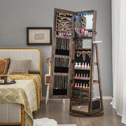 Lockable 360° Swivel Jewelry Cabinet with Full-Length Mirror LED Lights-Rustic Brown-Jewelry Armoires-DECOROLALA