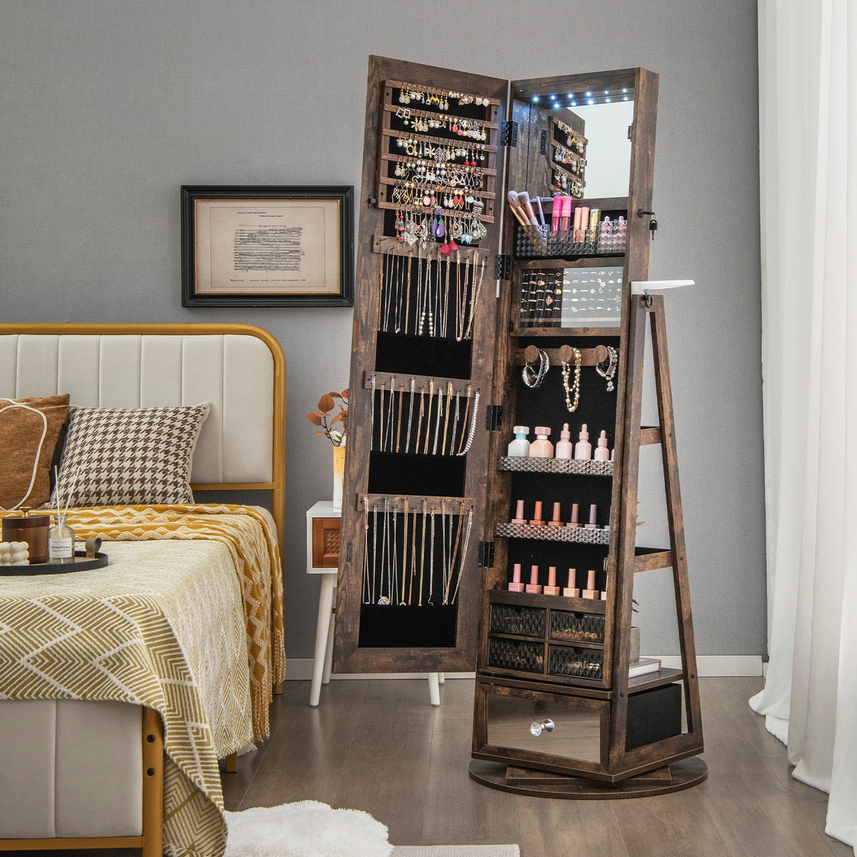 Lockable 360° Swivel Jewelry Cabinet with Full-Length Mirror LED Lights-Rustic Brown-Jewelry Armoires-DECOROLALA