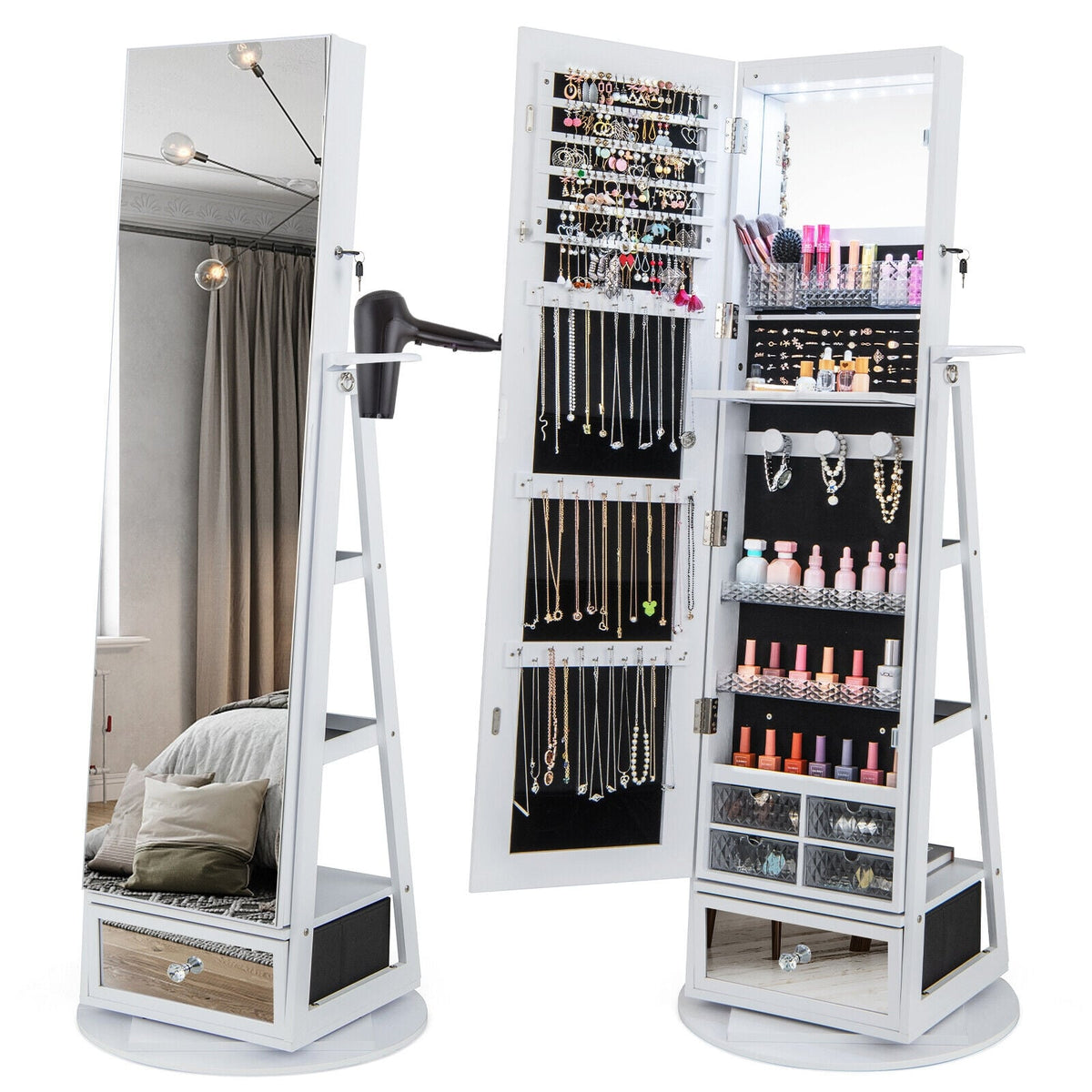 Lockable 360° Swivel Jewelry Cabinet with Full-Length Mirror LED Lights-White-Jewelry Armoires-DECOROLALA