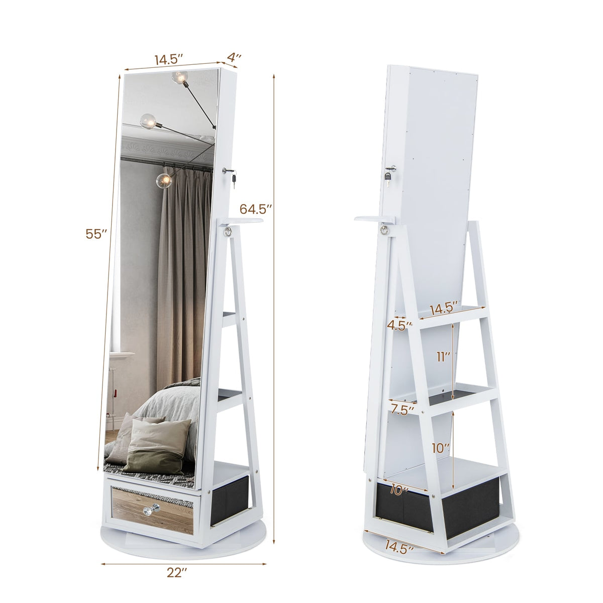 Lockable 360° Swivel Jewelry Cabinet with Full-Length Mirror LED Lights-White-Jewelry Armoires-DECOROLALA