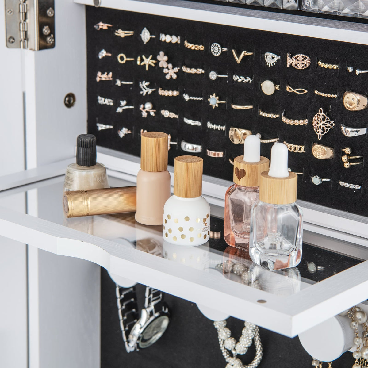 Lockable 360° Swivel Jewelry Cabinet with Full-Length Mirror LED Lights-White-Jewelry Armoires-DECOROLALA