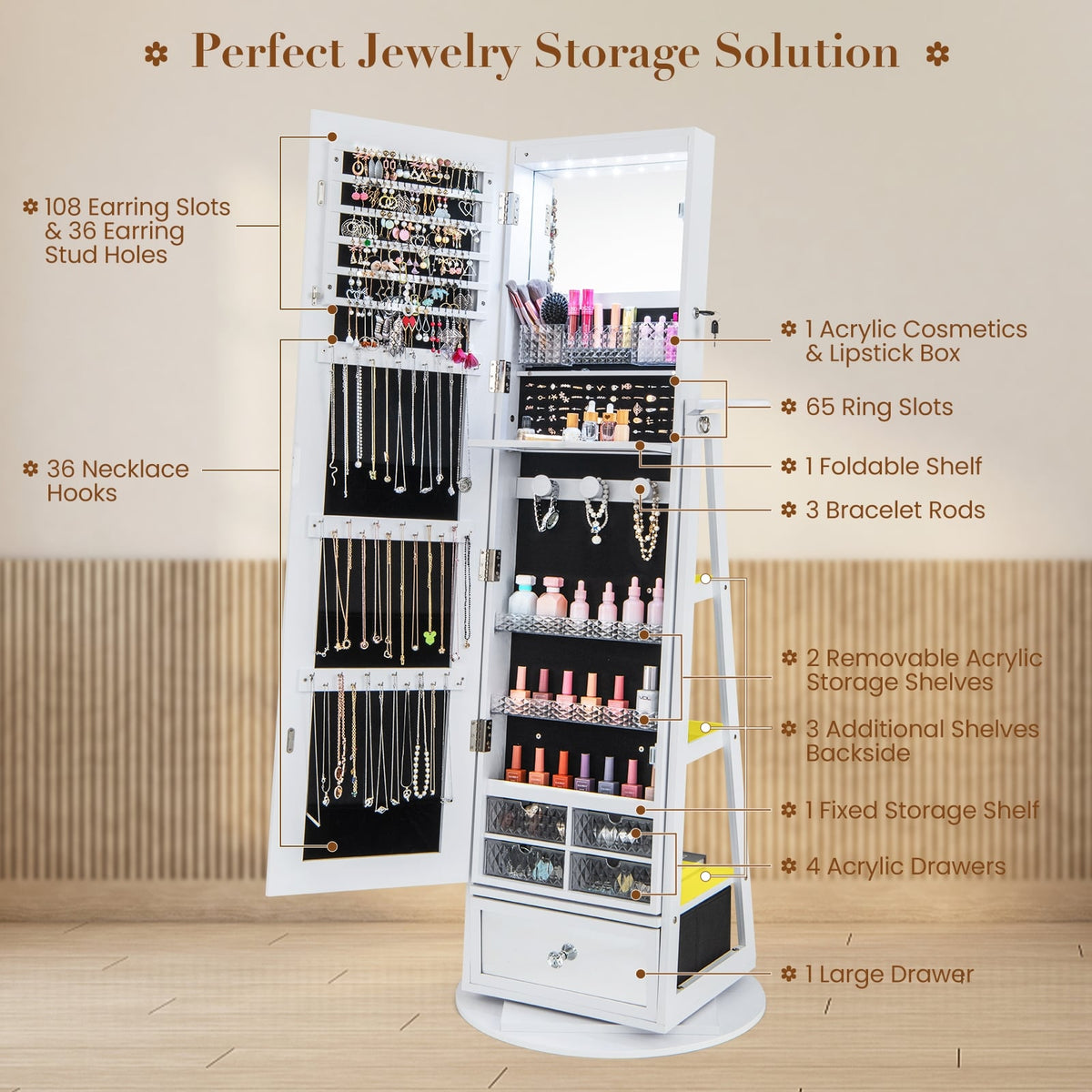 Lockable 360° Swivel Jewelry Cabinet with Full-Length Mirror LED Lights-White-Jewelry Armoires-DECOROLALA