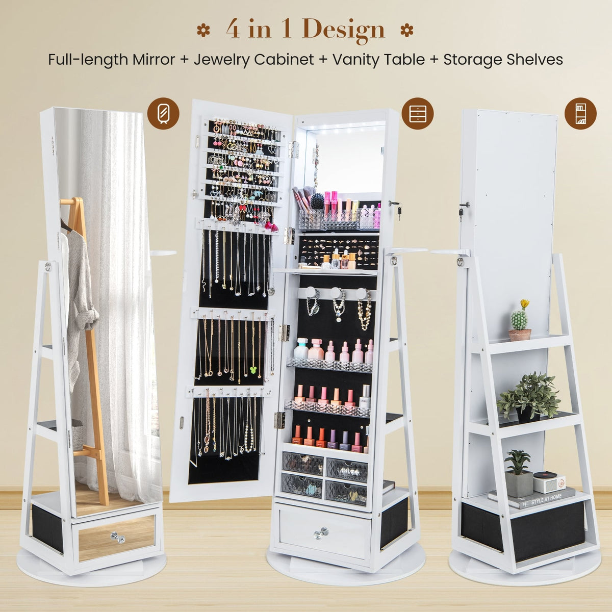 Lockable 360° Swivel Jewelry Cabinet with Full-Length Mirror LED Lights-White-Jewelry Armoires-DECOROLALA
