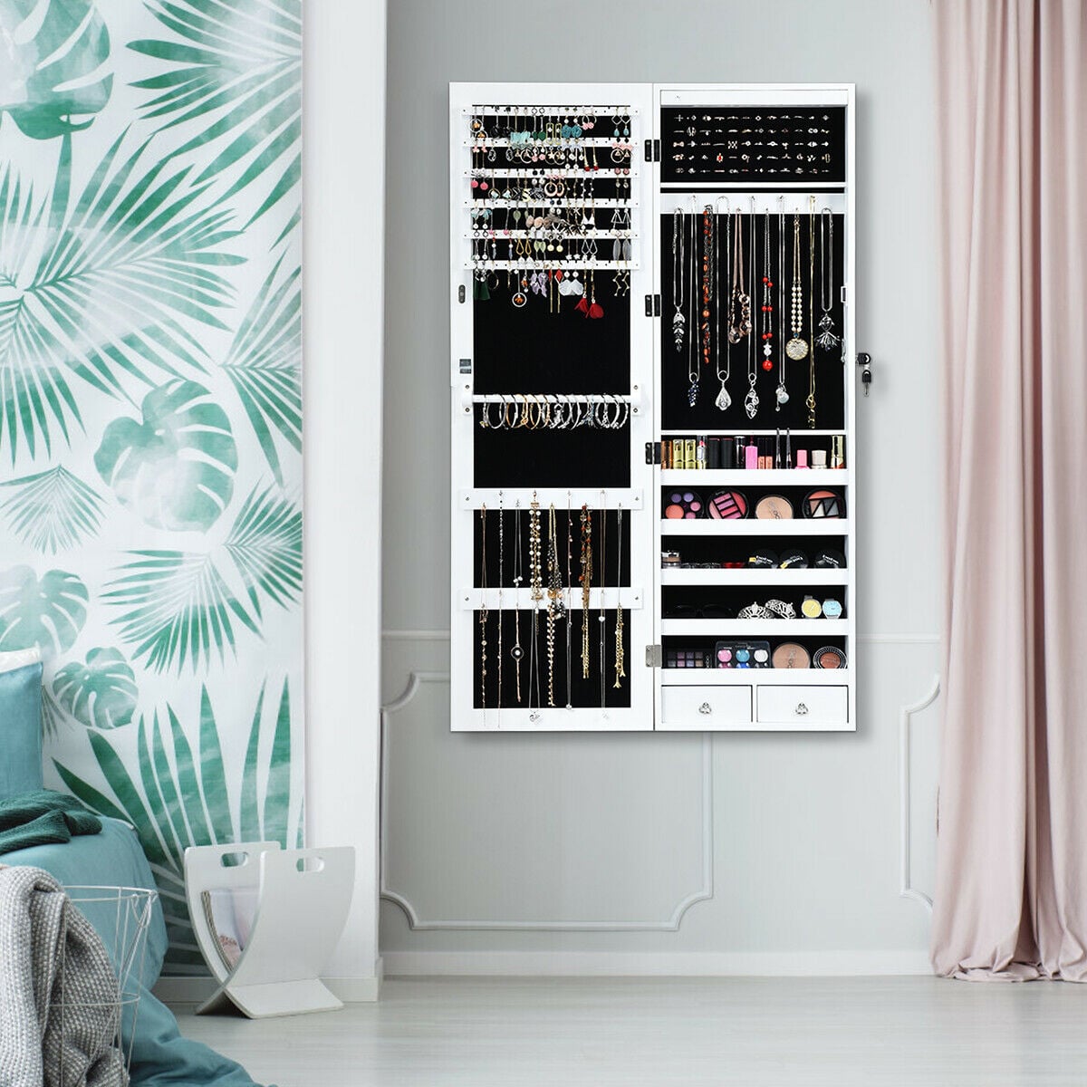 Lockable Armoire Jewelry Cabinet with LED Lights-Jewelry Armoires-DECOROLALA