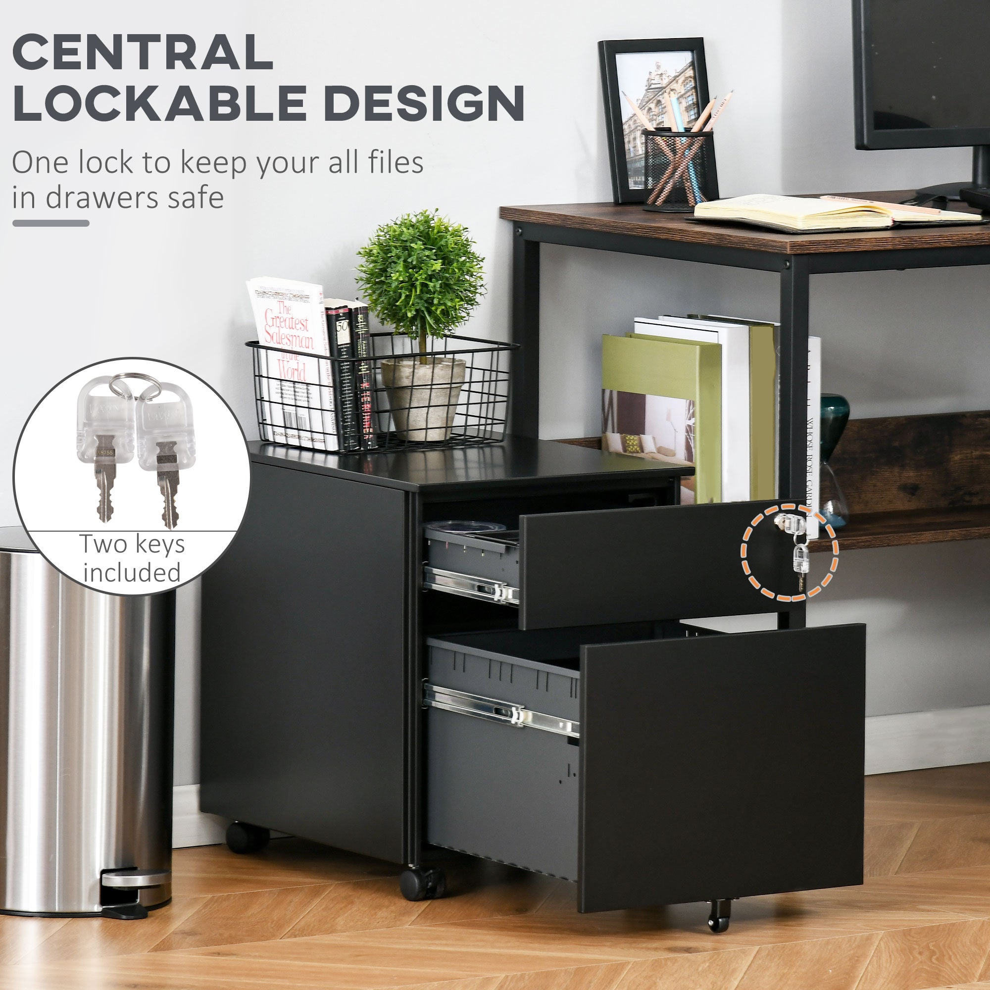 Lockable File Cabinet, Steel Filing Cabinet on Wheels for Legal, A4, Letter Size, with Pencil Tray for Home Office-Office Products > Office Furniture > Office Cabinets & Cupboards-DECOROLALA