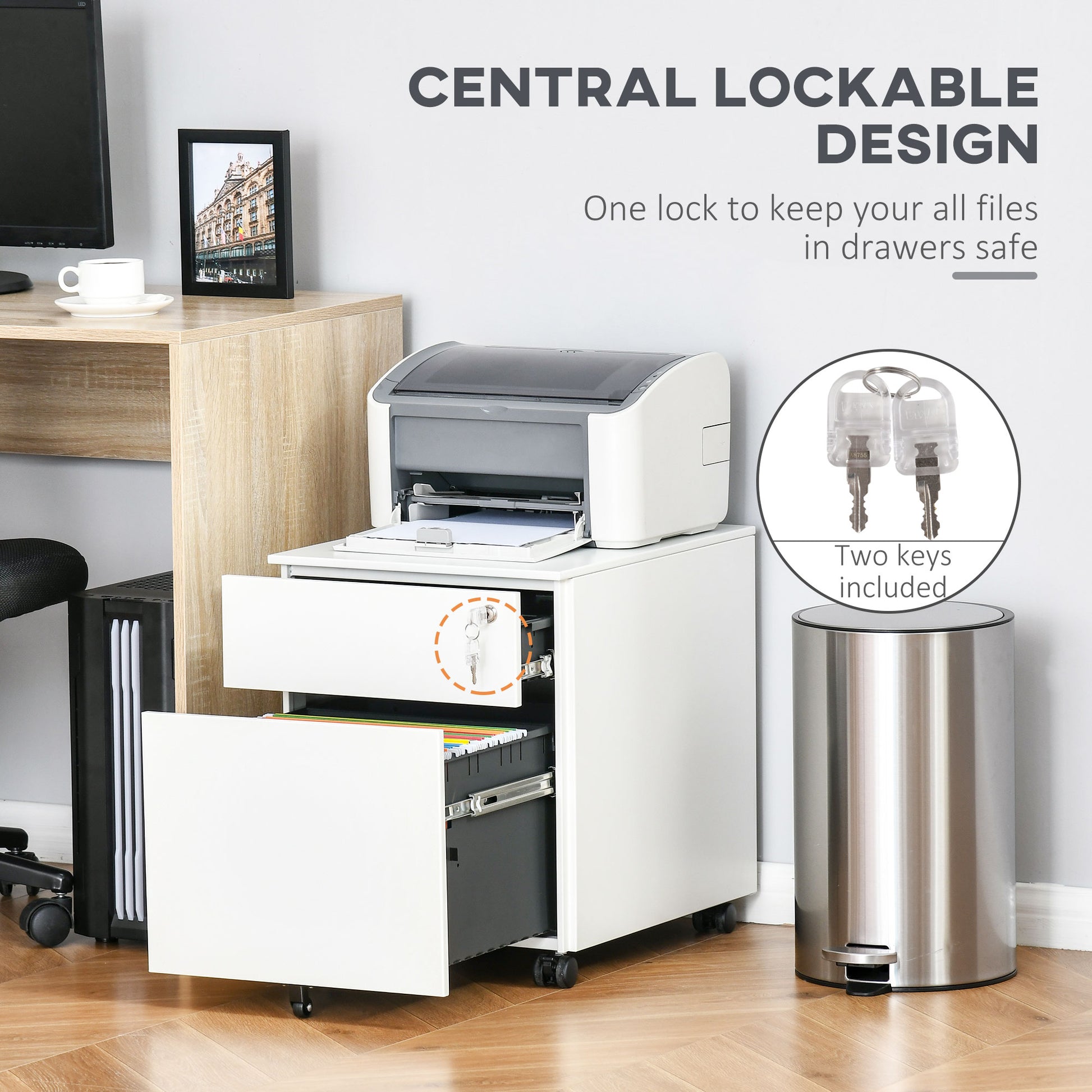Lockable File Cabinet, Steel Filing Cabinet on Wheels for Legal, A4, Letter Size, with Pencil Tray for Home Office-Office Products > Office Furniture > Office Cabinets & Cupboards-DECOROLALA