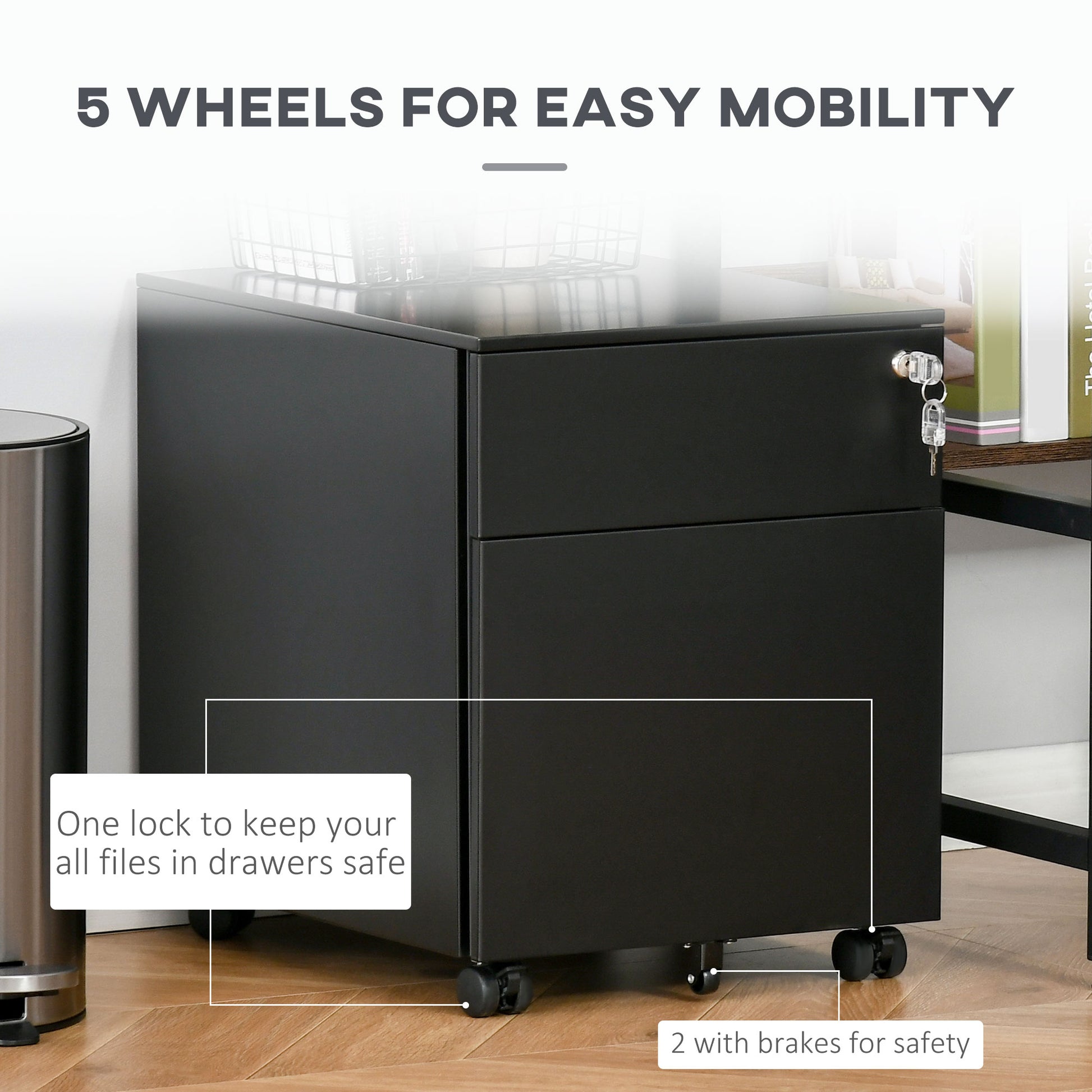 Lockable File Cabinet, Steel Filing Cabinet on Wheels for Legal, A4, Letter Size, with Pencil Tray for Home Office-Office Products > Office Furniture > Office Cabinets & Cupboards-DECOROLALA