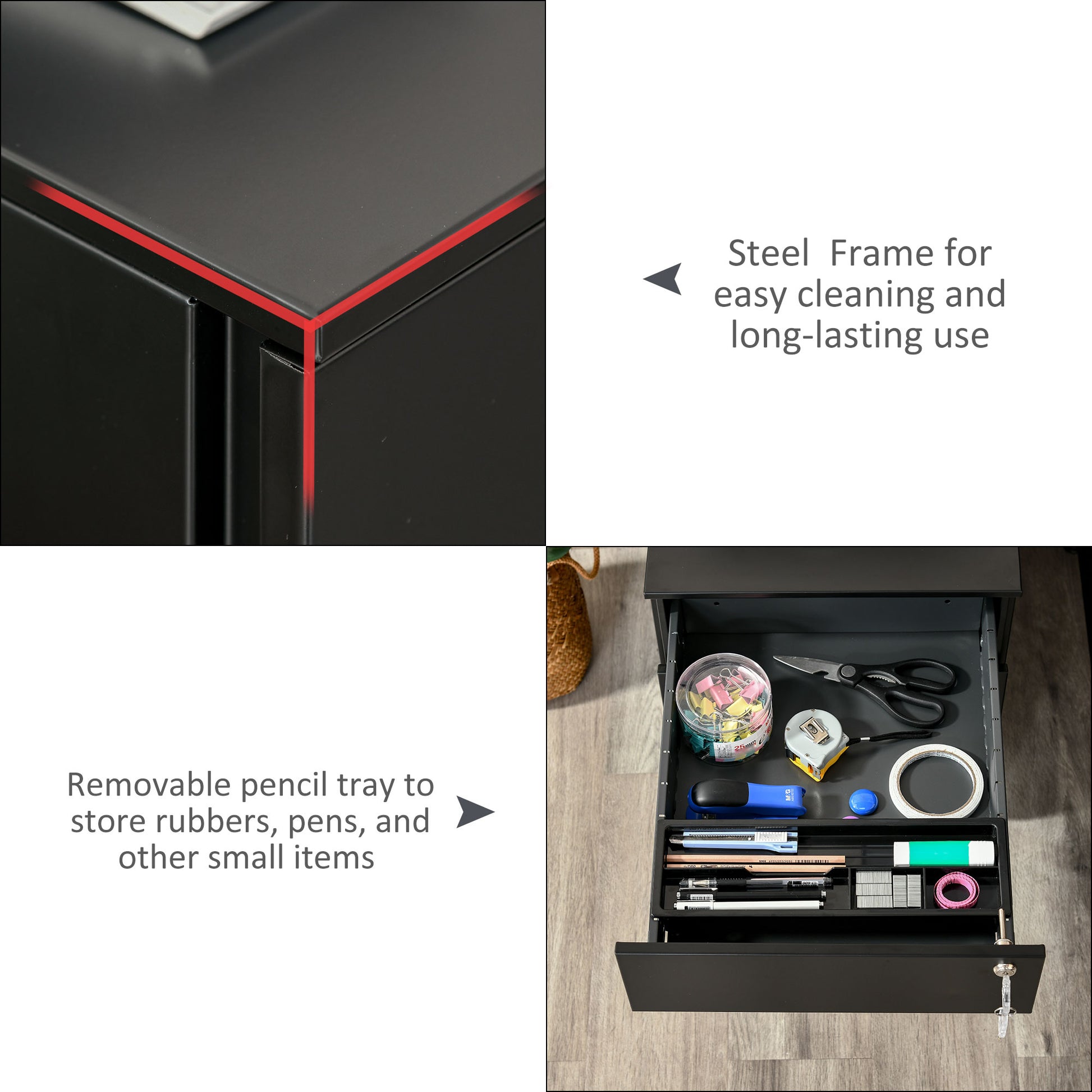 Lockable File Cabinet, Steel Filing Cabinet on Wheels for Legal, A4, Letter Size, with Pencil Tray for Home Office-Office Products > Office Furniture > Office Cabinets & Cupboards-DECOROLALA