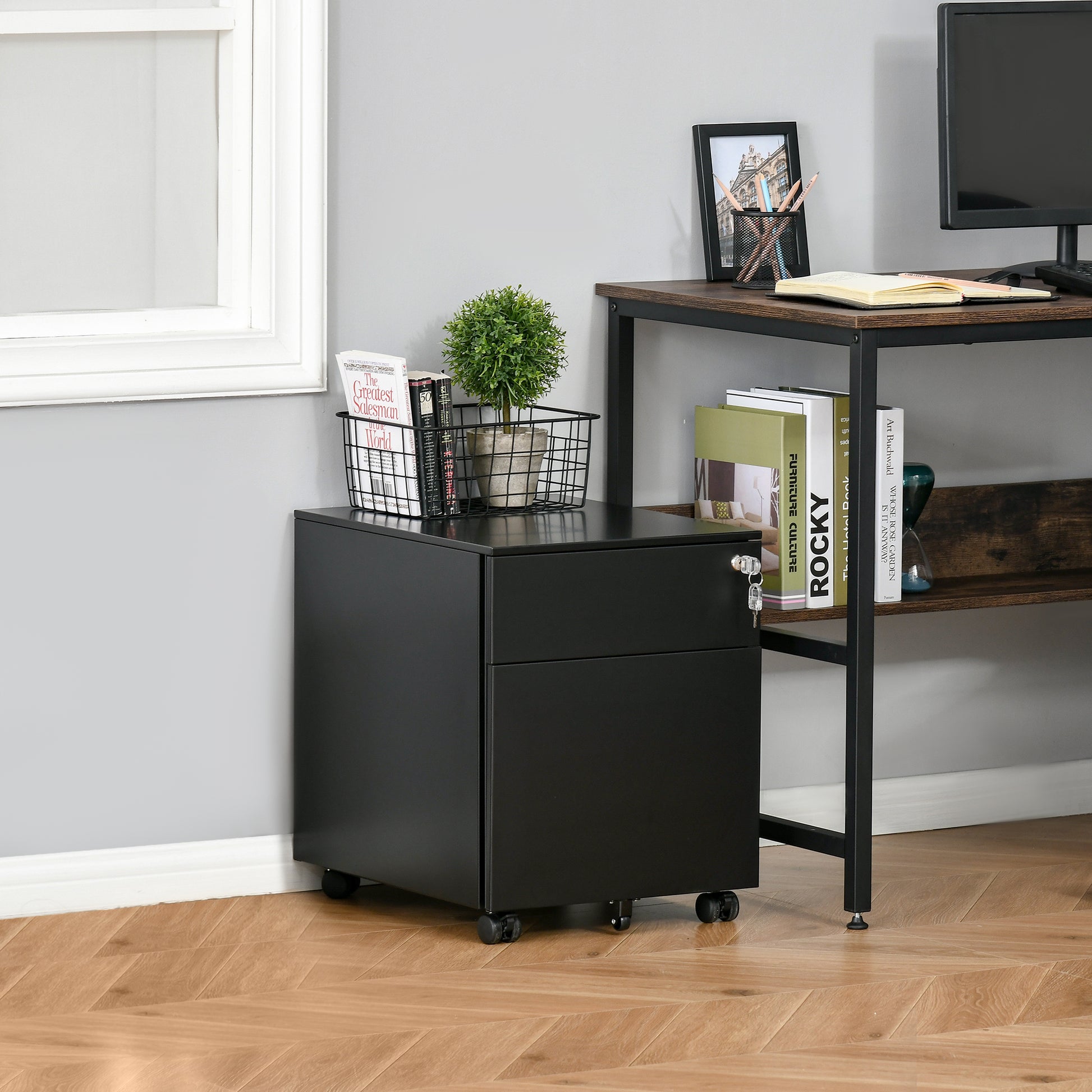 Lockable File Cabinet, Steel Filing Cabinet on Wheels for Legal, A4, Letter Size, with Pencil Tray for Home Office-Office Products > Office Furniture > Office Cabinets & Cupboards-DECOROLALA