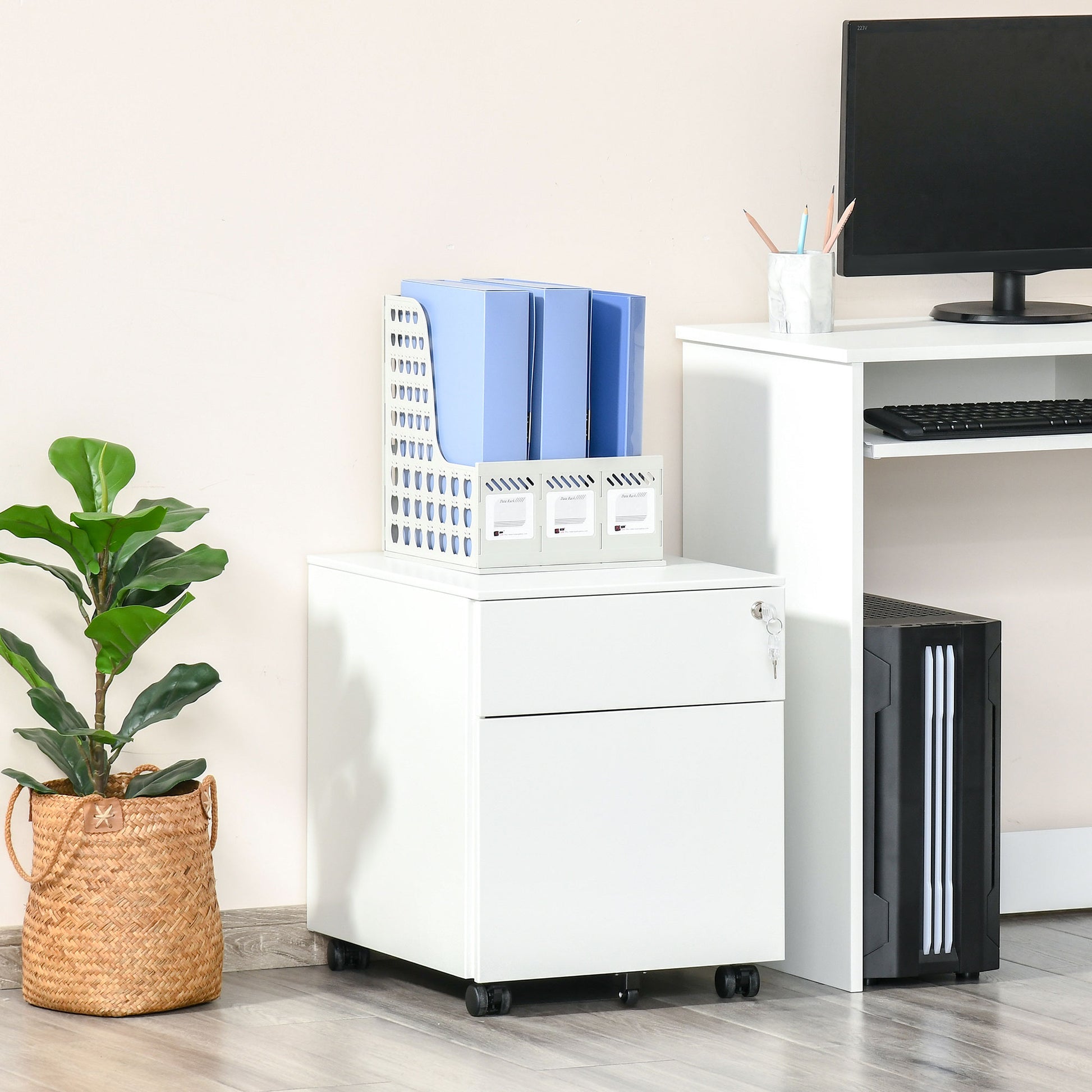 Lockable File Cabinet, Steel Filing Cabinet on Wheels for Legal, A4, Letter Size, with Pencil Tray for Home Office-Office Products > Office Furniture > Office Cabinets & Cupboards-DECOROLALA