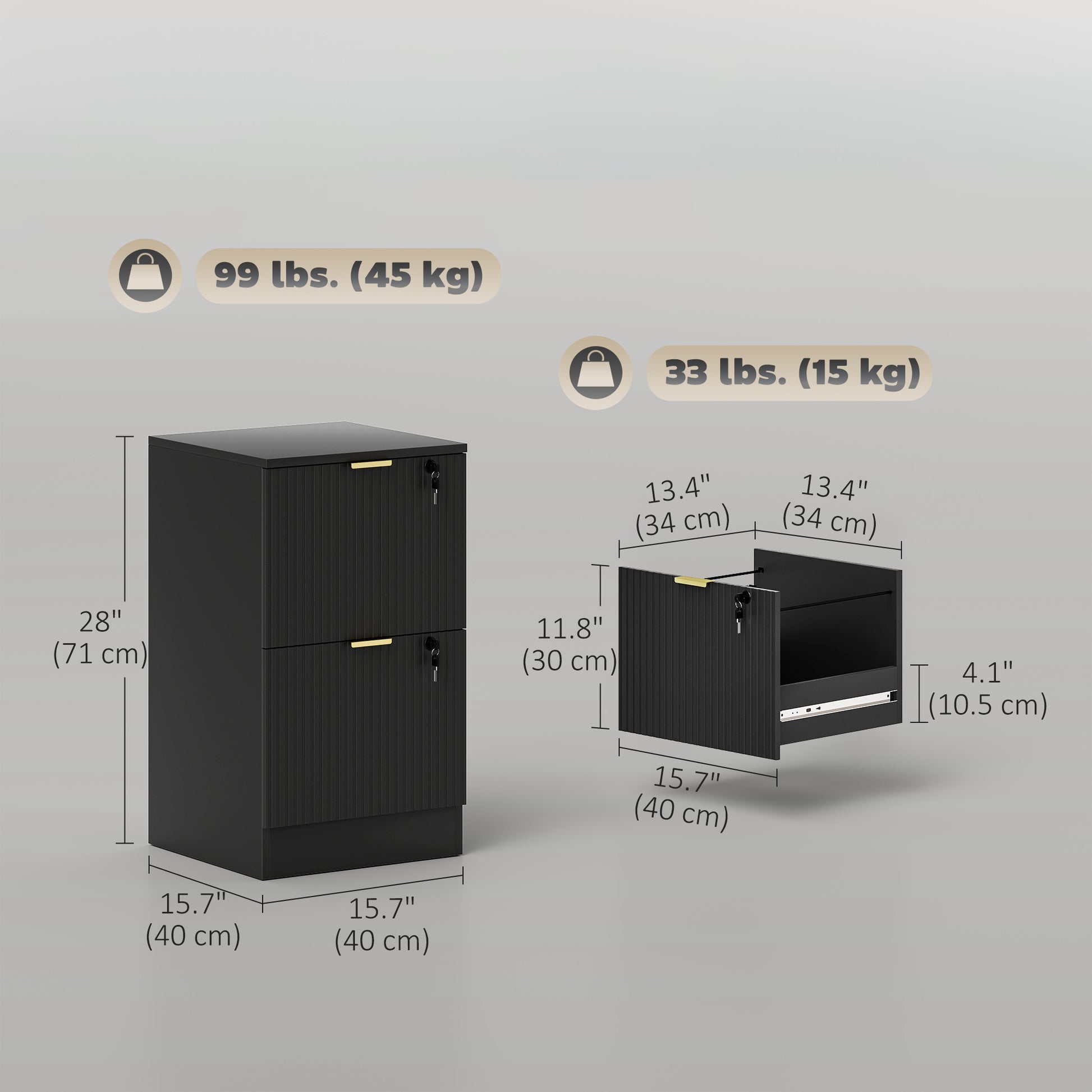 Lockable Filing Cabinet with 2 Fluted Drawers, File Cabinet with Adjustable Hanging Rails for A4 Letter Files, Black-Office Products > Office Furniture > Office Cabinets & Cupboards-DECOROLALA