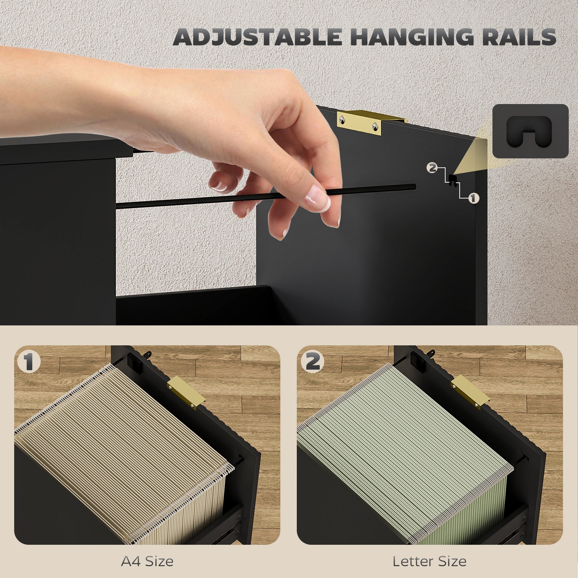 Lockable Filing Cabinet with 2 Fluted Drawers, File Cabinet with Adjustable Hanging Rails for A4 Letter Files, Black-Office Products > Office Furniture > Office Cabinets & Cupboards-DECOROLALA