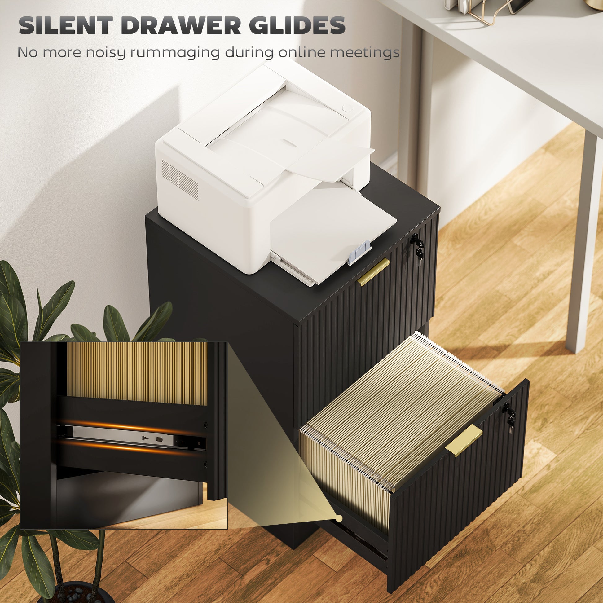 Lockable Filing Cabinet with 2 Fluted Drawers, File Cabinet with Adjustable Hanging Rails for A4 Letter Files, Black-Office Products > Office Furniture > Office Cabinets & Cupboards-DECOROLALA