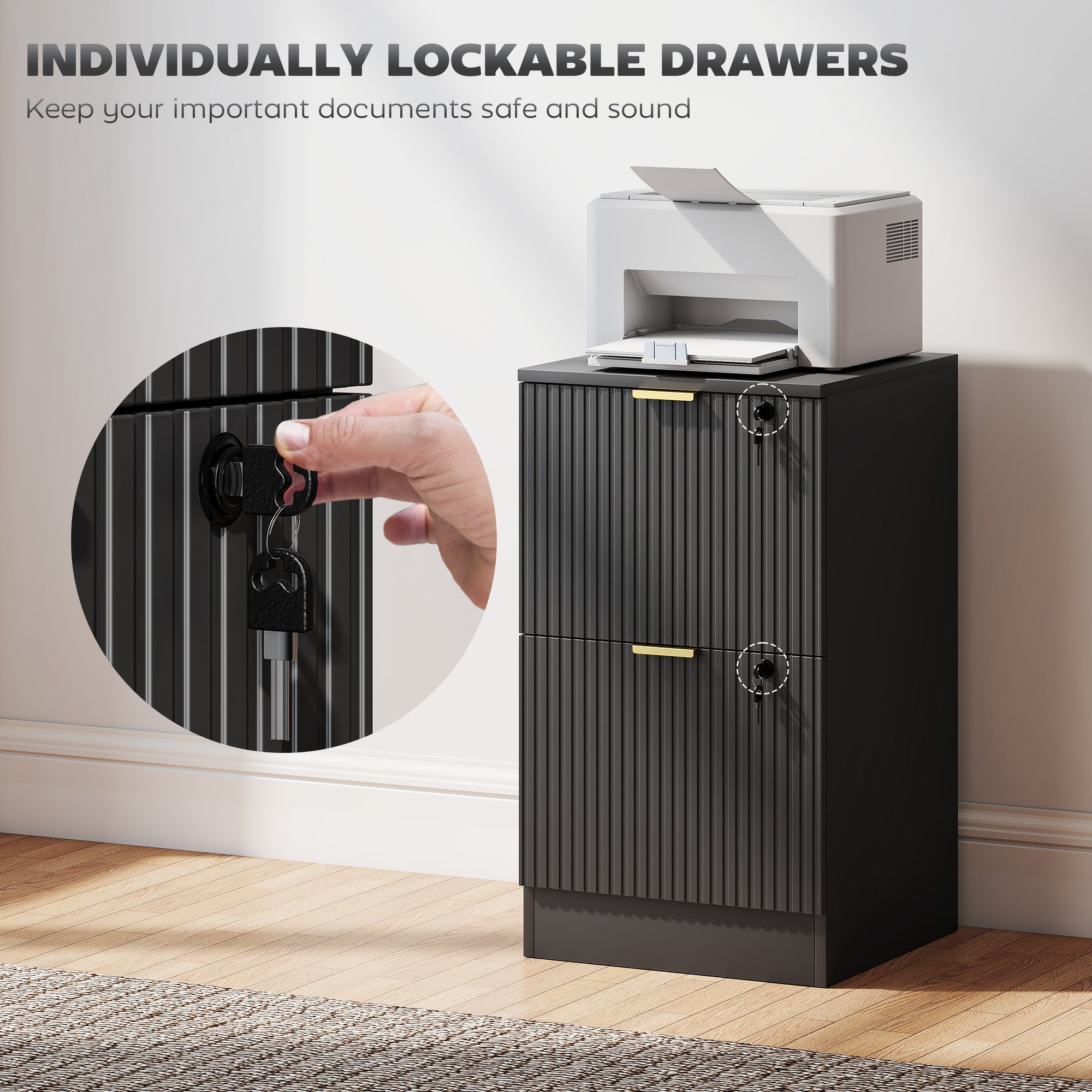 Lockable Filing Cabinet with 2 Fluted Drawers, File Cabinet with Adjustable Hanging Rails for A4 Letter Files, Black-Office Products > Office Furniture > Office Cabinets & Cupboards-DECOROLALA