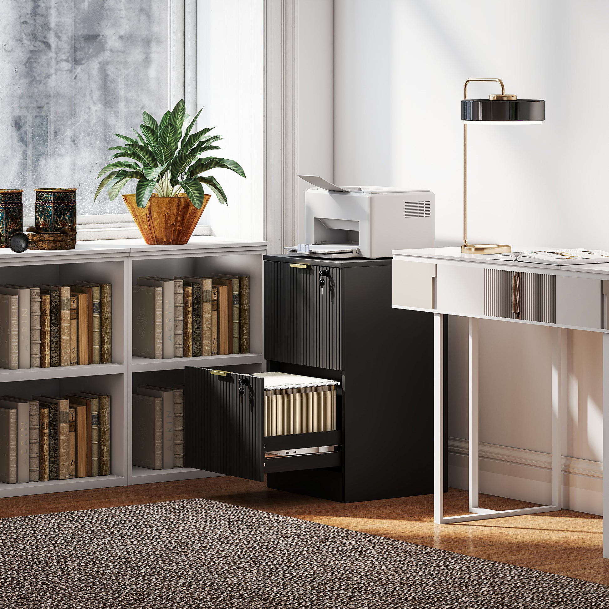 Lockable Filing Cabinet with 2 Fluted Drawers, File Cabinet with Adjustable Hanging Rails for A4 Letter Files, Black-Office Products > Office Furniture > Office Cabinets & Cupboards-DECOROLALA