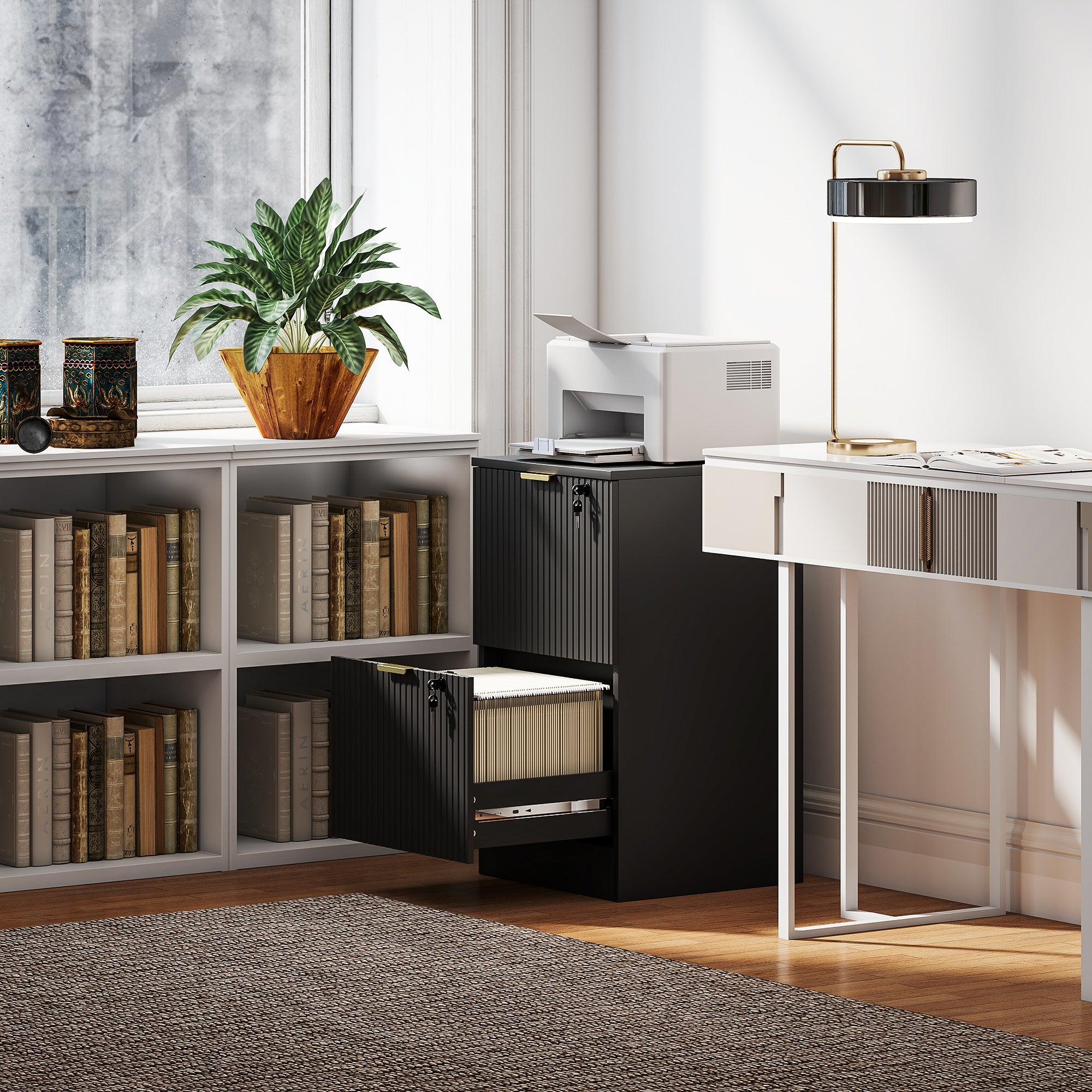 Lockable Filing Cabinet with 2 Fluted Drawers, File Cabinet with Adjustable Hanging Rails for A4 Letter Files, Black-Office Products > Office Furniture > Office Cabinets & Cupboards-DECOROLALA