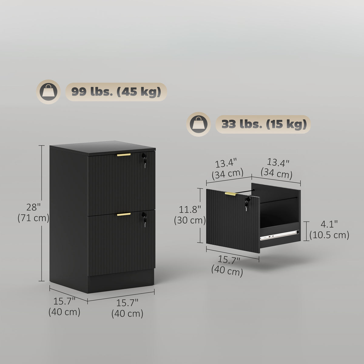 Lockable Filing Cabinet with 2 Fluted Drawers, File Cabinet with Adjustable Hanging Rails for A4 Letter Files, Black-Office Storage Cabinets-DECOROLALA