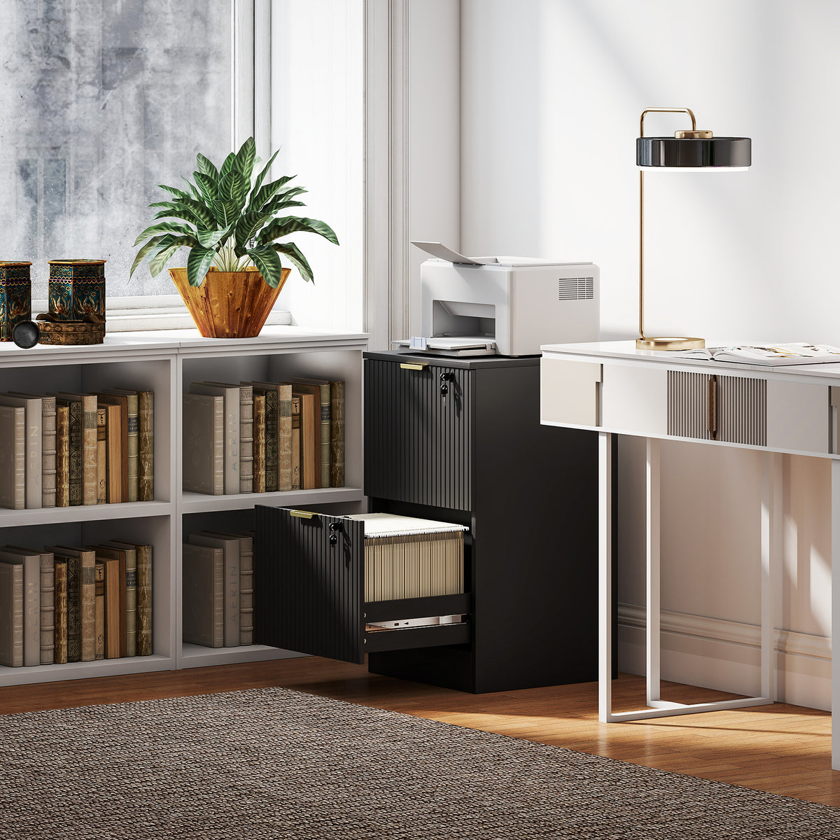 Lockable Filing Cabinet with 2 Fluted Drawers, File Cabinet with Adjustable Hanging Rails for A4 Letter Files, Black-Office Storage Cabinets-DECOROLALA